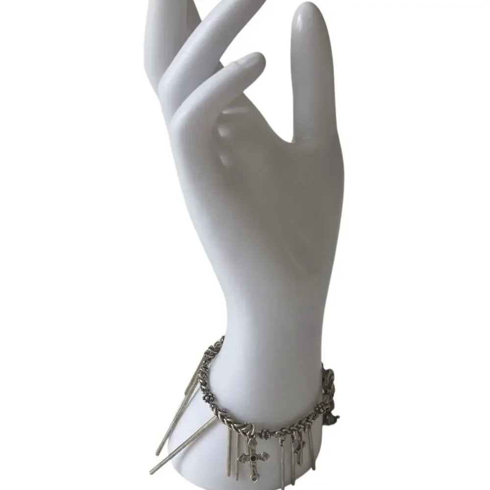 Lucky Brand Silver charm bracelet, antiqued metal chain with Cross dangles